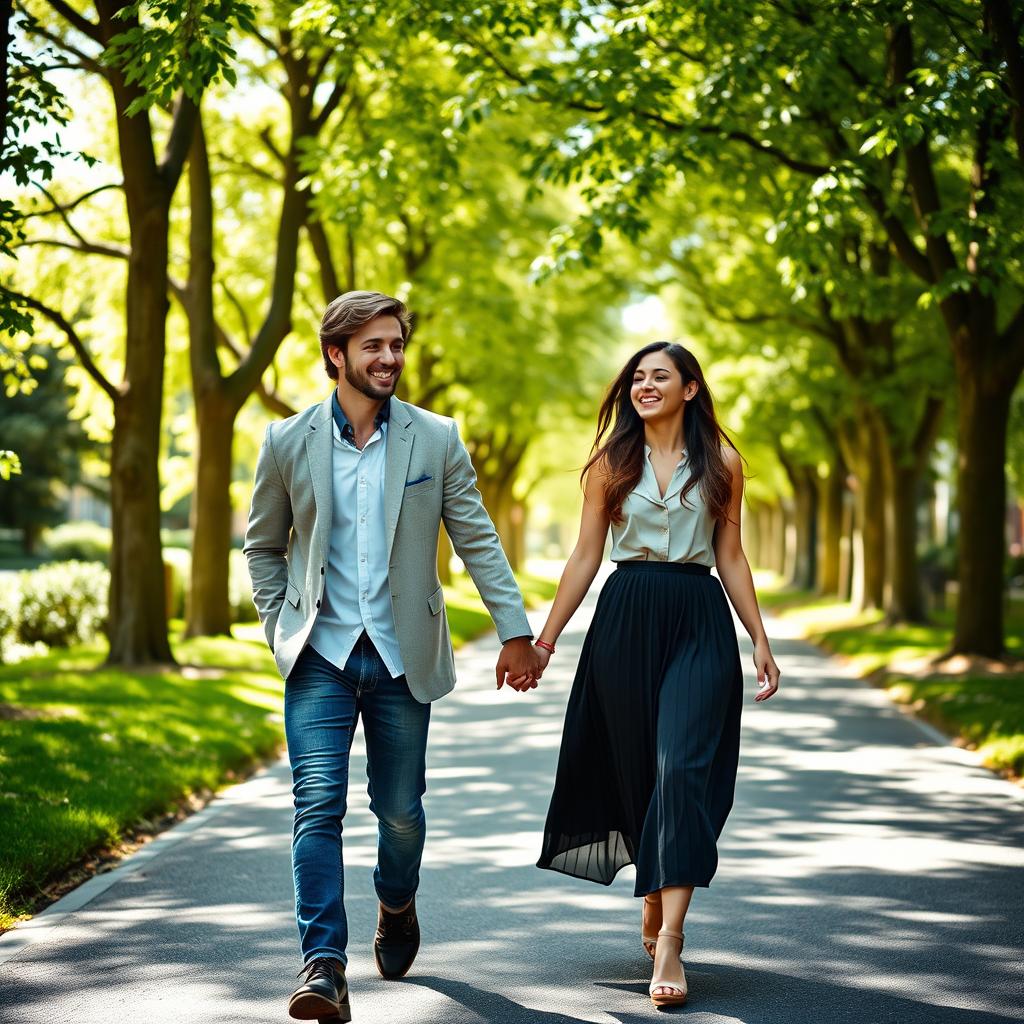 A young male and female college student duo walking hand in hand along a charming road, both laughing cheerfully