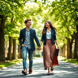 A young male and female college student duo walking hand in hand along a charming road, both laughing cheerfully