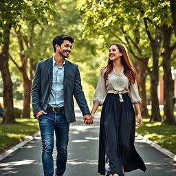 A young male and female college student duo walking hand in hand along a charming road, both laughing cheerfully