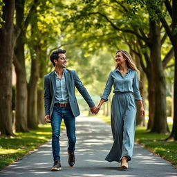 A young male and female college student duo walking hand in hand along a charming road, both laughing cheerfully