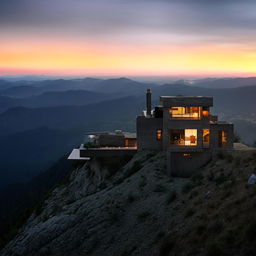 A majestic house perched on a rugged mountaintop under a delicate sunset.