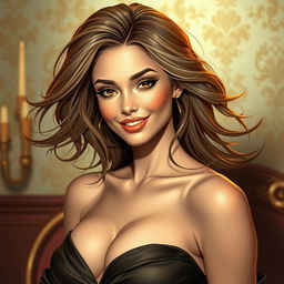 A sensual depiction of a confident, attractive individual with flowing hair and a captivating smile, set against a luxurious background