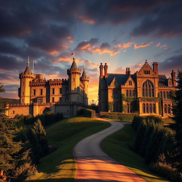 A beautiful and grand medieval castle beside a elegant Gothic manor on a hill, under a dramatic sunset sky