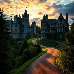 A beautiful and grand medieval castle beside a elegant Gothic manor on a hill, under a dramatic sunset sky