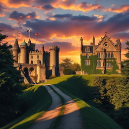 A beautiful and grand medieval castle beside a elegant Gothic manor on a hill, under a dramatic sunset sky