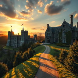 A beautiful and grand medieval castle beside a elegant Gothic manor on a hill, under a dramatic sunset sky