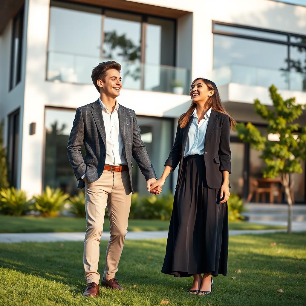 A young male and female college student duo standing hand in hand in front of a beautiful modern house, their expressions lively and filled with laughter