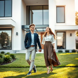 A young male and female college student duo standing hand in hand in front of a beautiful modern house, their expressions lively and filled with laughter