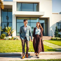 A young male and female college student duo standing hand in hand in front of a beautiful modern house, their expressions lively and filled with laughter