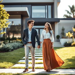 A young male and female college student duo standing hand in hand in front of a beautiful modern house, their expressions lively and filled with laughter