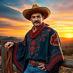 A rugged, handsome Spanish cowboy with a charismatic presence, wearing a traditional wide-brimmed Spanish hat and a beautifully embroidered poncho