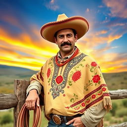 A rugged, handsome Spanish cowboy with a charismatic presence, wearing a traditional wide-brimmed Spanish hat and a beautifully embroidered poncho