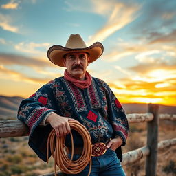 A rugged, handsome Spanish cowboy with a charismatic presence, wearing a traditional wide-brimmed Spanish hat and a beautifully embroidered poncho