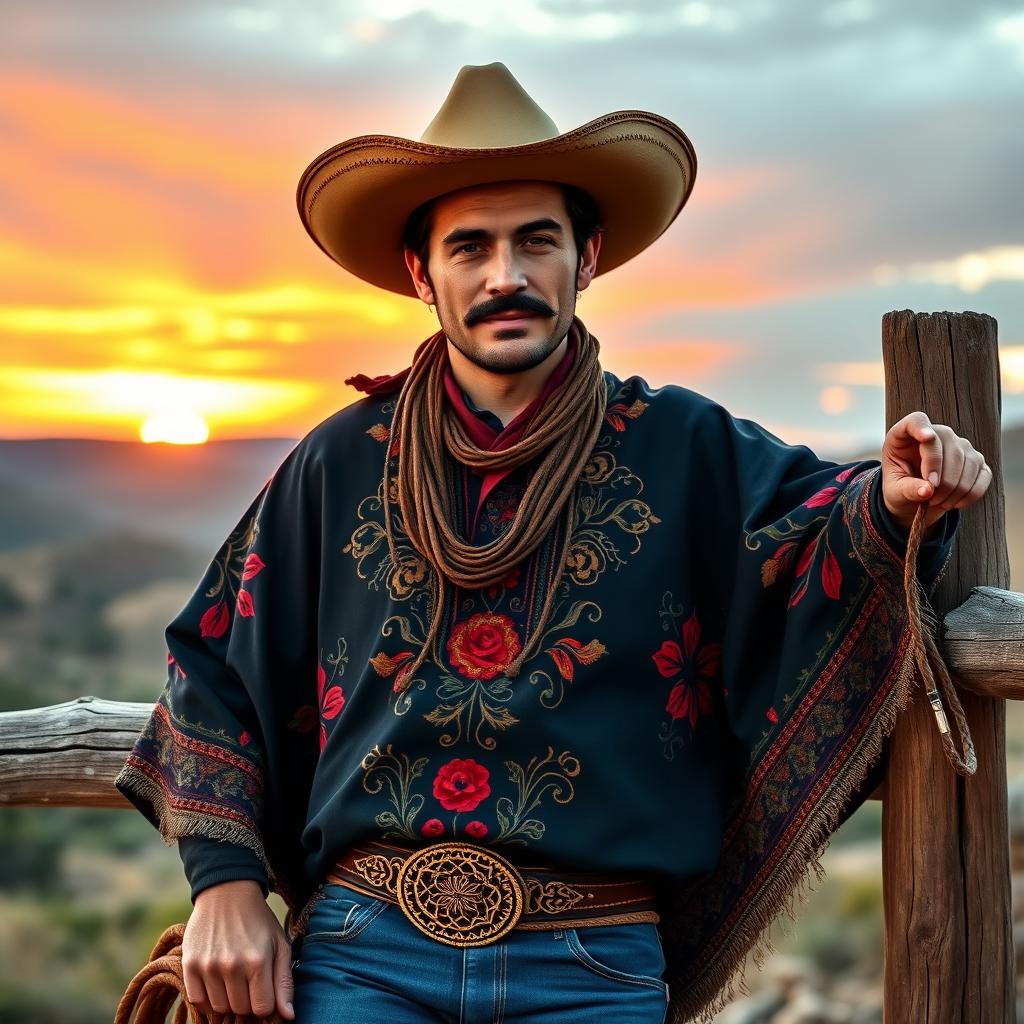 A rugged, handsome Spanish cowboy with a charismatic presence, wearing a traditional wide-brimmed Spanish hat and a beautifully embroidered poncho