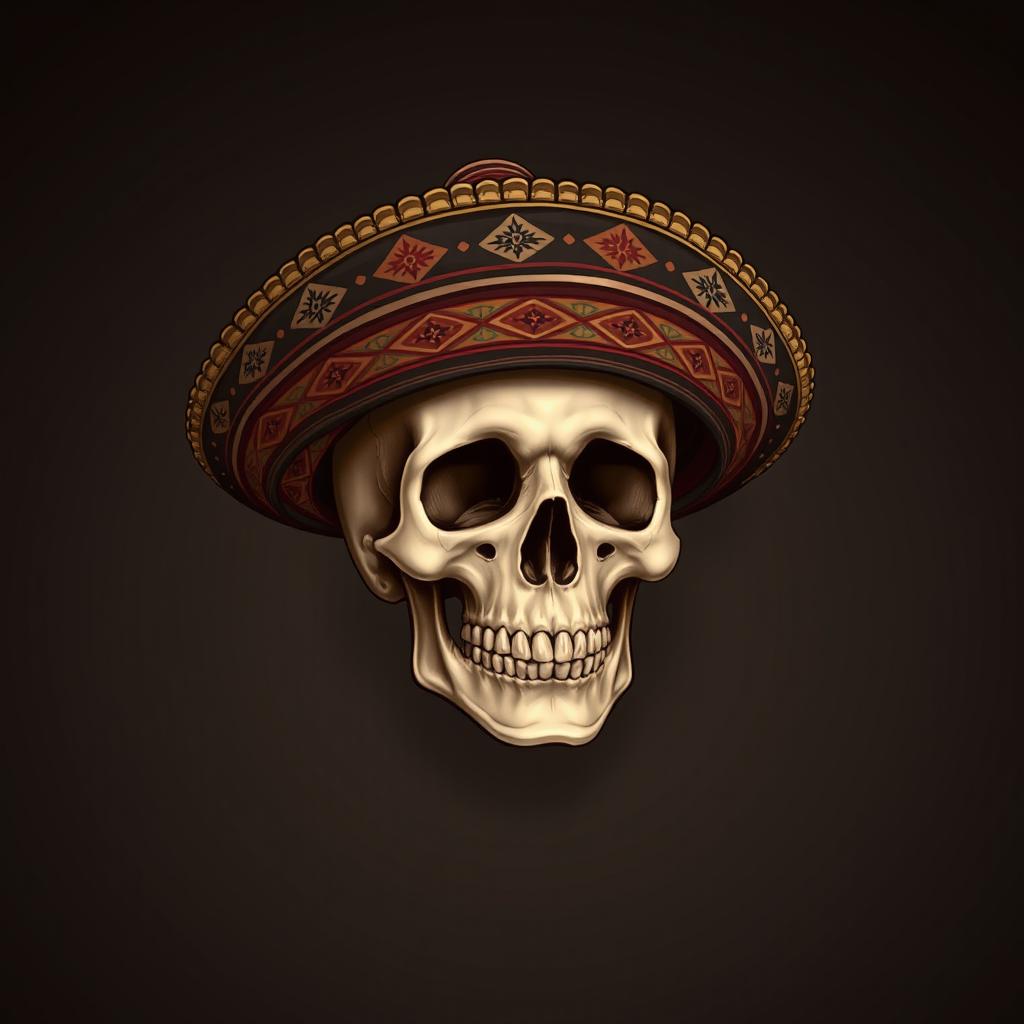 A detailed illustration of a human skull wearing a traditional Spanish hat