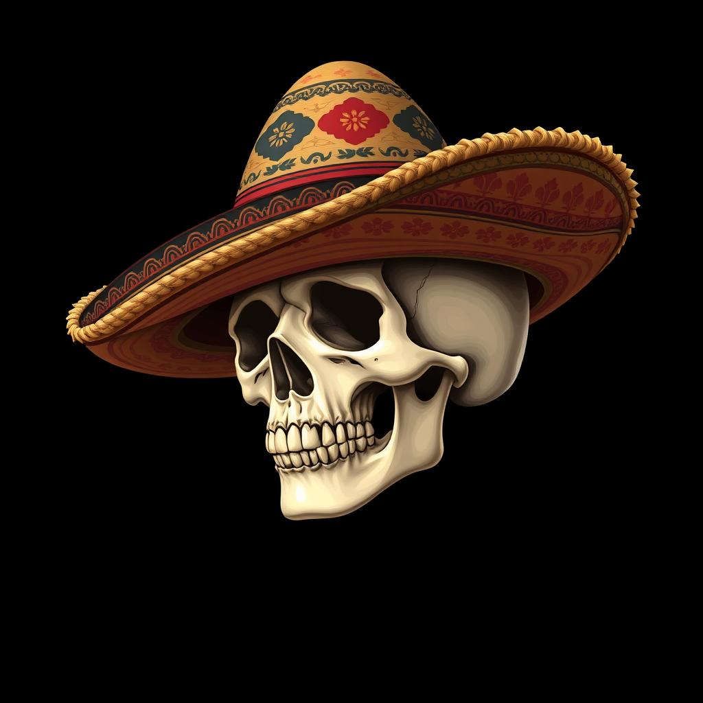 A detailed illustration of a human skull wearing a traditional Spanish hat