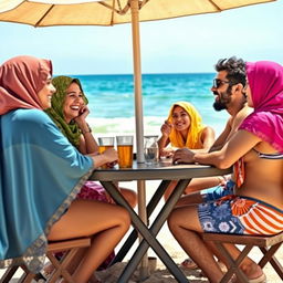 an Egyptian family enjoying a day at the beach, with women wearing colorful headscarves and men in beach shorts, sitting around a table with an umbrella in front of the sea