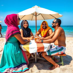 an Egyptian family enjoying a day at the beach, with women wearing colorful headscarves and men in beach shorts, sitting around a table with an umbrella in front of the sea