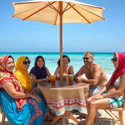 an Egyptian family enjoying a day at the beach, with women wearing colorful headscarves and men in beach shorts, sitting around a table with an umbrella in front of the sea