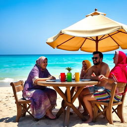 an Egyptian family enjoying a day at the beach, with women wearing colorful headscarves and men in beach shorts, sitting around a table with an umbrella in front of the sea