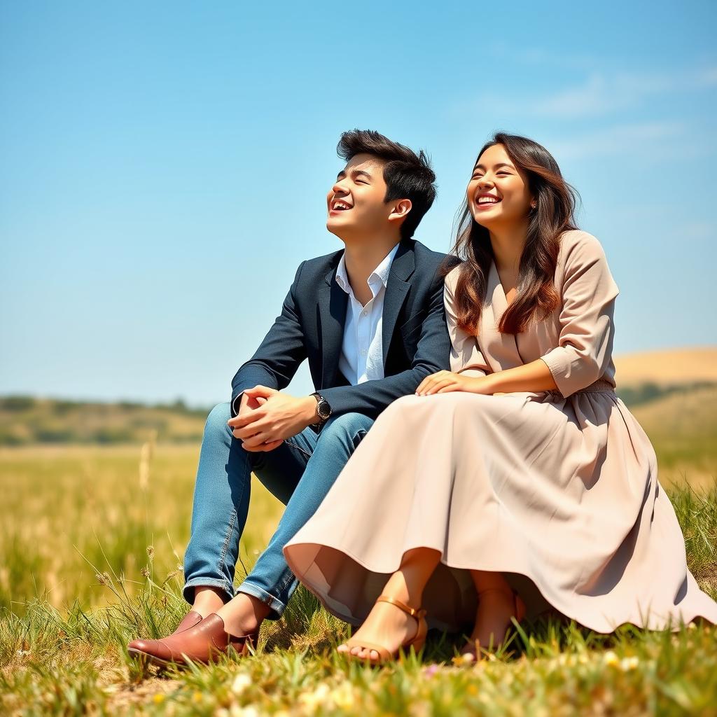 A young male and female college student pair seated in front of a beautiful open field, their hands clasped together as they laugh joyfully