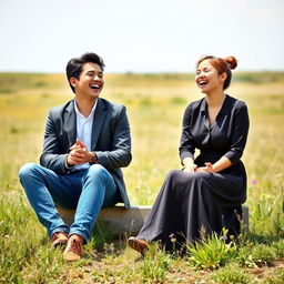 A young male and female college student pair seated in front of a beautiful open field, their hands clasped together as they laugh joyfully