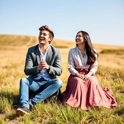 A young male and female college student pair seated in front of a beautiful open field, their hands clasped together as they laugh joyfully