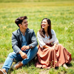 A young male and female college student pair seated in front of a beautiful open field, their hands clasped together as they laugh joyfully