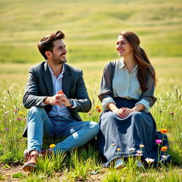 A young male and female college student pair sitting together in front of a stunning open field, their hands clasped as they share a laugh