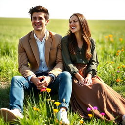 A young male and female college student pair sitting together in front of a stunning open field, their hands clasped as they share a laugh