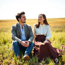 A young male and female college student pair sitting together in front of a stunning open field, their hands clasped as they share a laugh