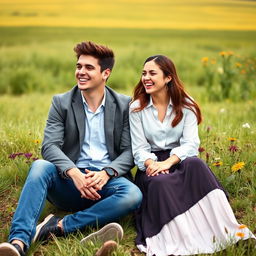 A young male and female college student pair sitting together in front of a stunning open field, their hands clasped as they share a laugh