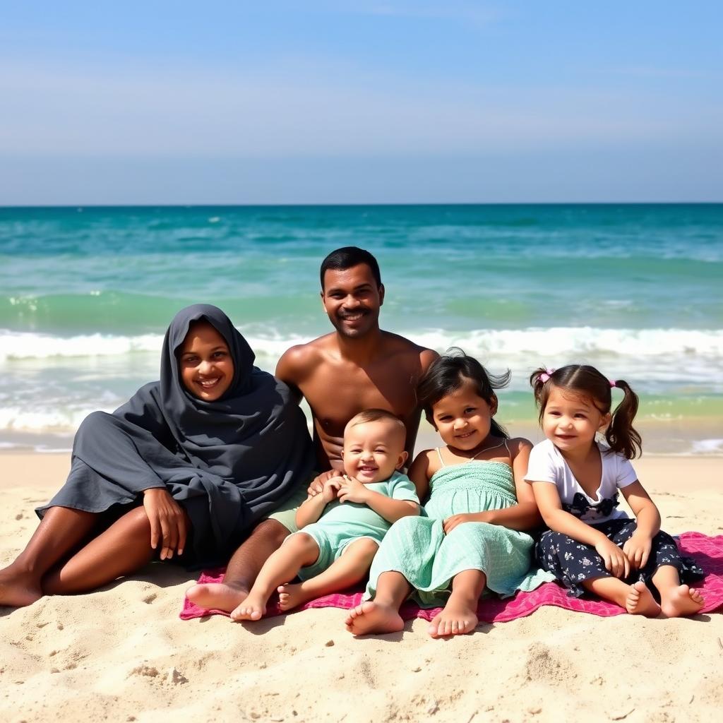 a brown, thin-bodied man sitting on the beach alongside a veiled woman, a baby boy, and a young girl, all relaxing in front of the picturesque sea