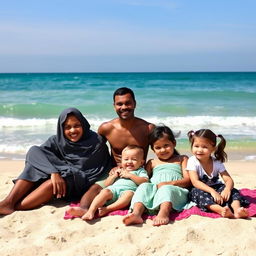 a brown, thin-bodied man sitting on the beach alongside a veiled woman, a baby boy, and a young girl, all relaxing in front of the picturesque sea