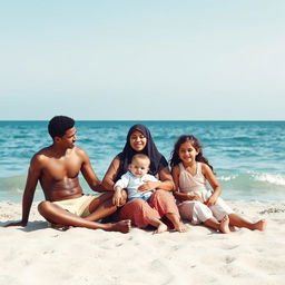 a brown, thin-bodied man sitting on the beach alongside a veiled woman, a baby boy, and a young girl, all relaxing in front of the picturesque sea