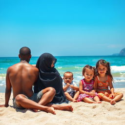 a brown, thin-bodied man sitting on the beach alongside a veiled woman, a baby boy, and a young girl, all relaxing in front of the picturesque sea