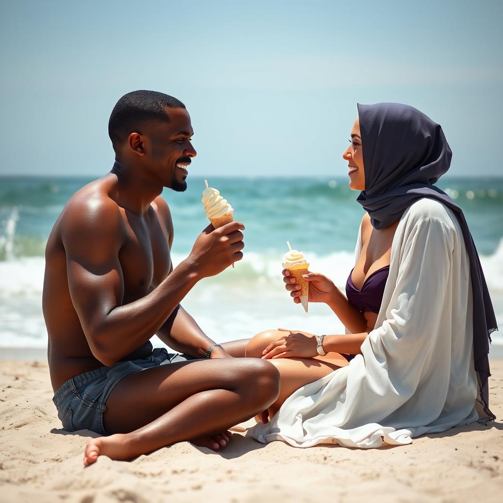 a brown, thin-bodied man sitting on the beach alongside a woman wearing a burkini and a veil, both enjoying ice cream in front of the serene sea