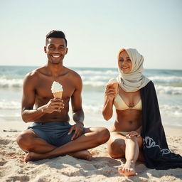 a brown, thin-bodied man sitting on the beach alongside a woman wearing a burkini and a veil, both enjoying ice cream in front of the serene sea