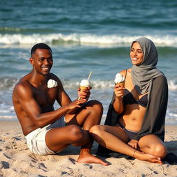 a brown, thin-bodied man sitting on the beach alongside a woman wearing a burkini and a veil, both enjoying ice cream in front of the serene sea