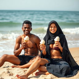 a brown, thin-bodied man sitting on the beach alongside a woman wearing a burkini and a veil, both enjoying ice cream in front of the serene sea