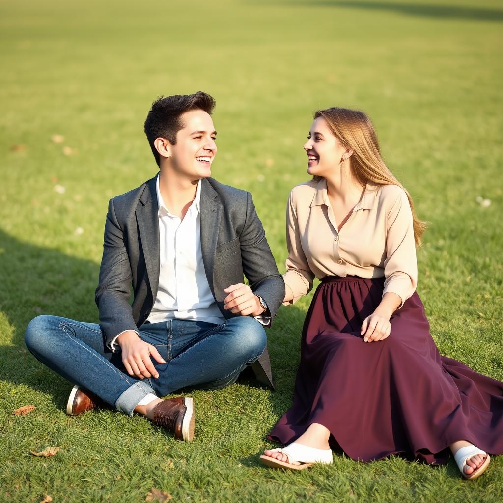 A young male and female college student pair sitting together on a beautiful open lawn, their hands intertwined as they share a joyful laugh