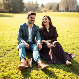 A young male and female college student pair sitting together on a beautiful open lawn, their hands intertwined as they share a joyful laugh