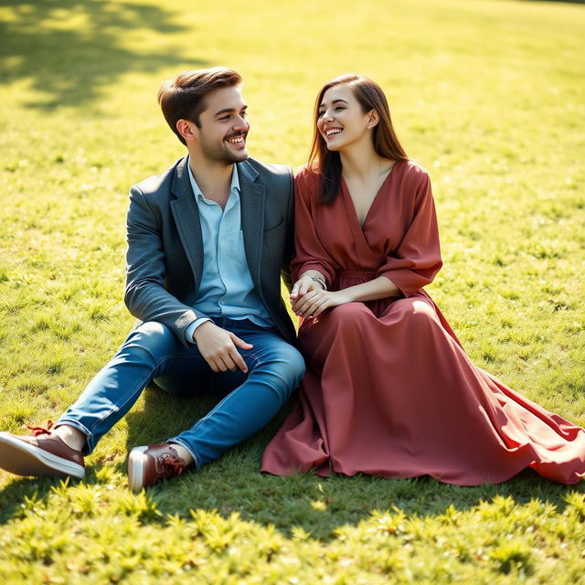 A young male and female college student pair sitting together on a beautiful open lawn, their hands intertwined as they share a joyful laugh