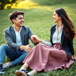 A young male and female college student pair sitting together on a beautiful open lawn, their hands intertwined as they share a joyful laugh