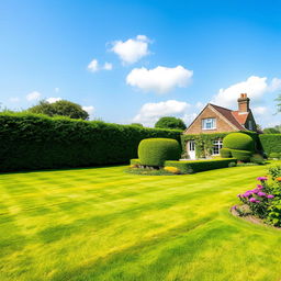 a large garden with lush green grass, located on the right side featuring a charming house surrounded by manicured hedges