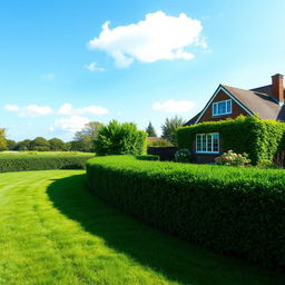 a large garden with lush green grass, located on the right side featuring a charming house surrounded by manicured hedges