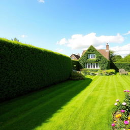 a large garden with lush green grass, located on the right side featuring a charming house surrounded by manicured hedges