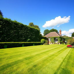 a large garden with lush green grass, located on the right side featuring a charming house surrounded by manicured hedges