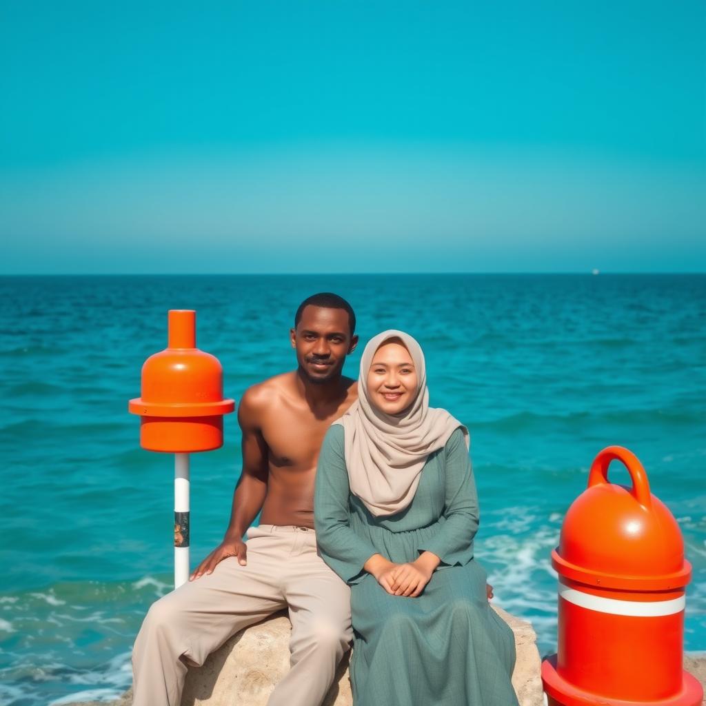 a brown, thin-bodied man sitting beside a woman wearing a hijab in front of the majestic sea, next to them, a bright sea buoy contrasts against the serene waters