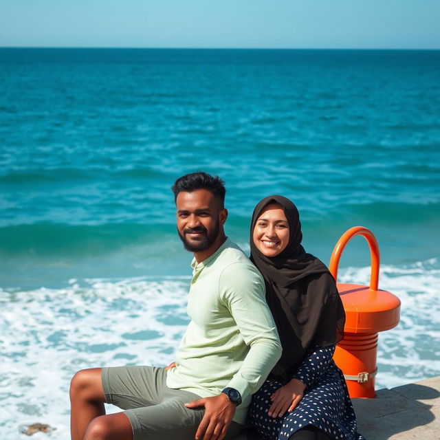 a brown, thin-bodied man sitting beside a woman wearing a hijab in front of the majestic sea, next to them, a bright sea buoy contrasts against the serene waters